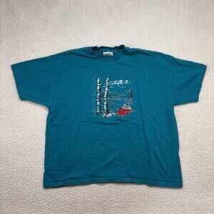 Vtg Northern Reflections Tshirt America Mountains Canoe Teal Single Stitch XL